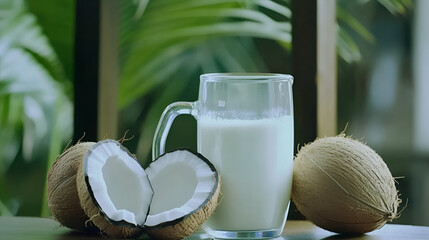 Fresh coconut milk in a glass with whole coconuts on wooden table for healthy drink concept