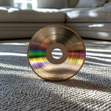 Gold CD on beige carpet in sunlit room.