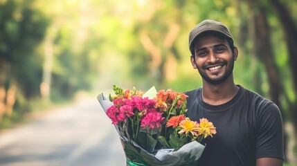Fototapeta premium A delivery Indian man in a T-shirt and cap brought flowers and smilling at camera