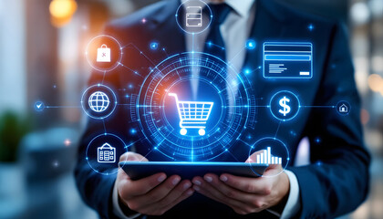Fototapeta premium Futuristic E-Commerce Technology Concept with Digital Shopping Cart Icon
