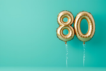 Shiny metallic gold foil balloons form the number 80, creating a festive and celebratory atmosphere for a milestone birthday or anniversary celebration