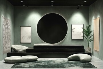 Soft Lighting Ideas. Modern living room interior with minimalist furniture, round mirror, abstract art, cozy seating area for home decor, design inspiration, relaxation space, green plant, neutral to