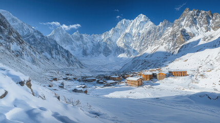 A panoramic view of a snowy valley with a small village nestled beneath towering, snow-covered mountains