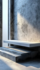 Minimalist concrete bench and steps near window.