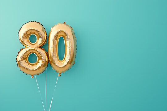 Shiny metallic gold foil balloons form the number 80, creating a festive and celebratory atmosphere for a milestone birthday or anniversary celebration