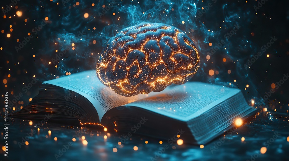 Poster glowing virtual brain floats above an open book with leaning icons on dark background which is a symbol of study a knowledge will help solve problem and solution concep