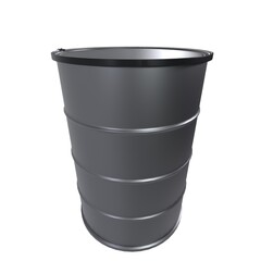 3D rendering of a cylindrical metal container with a wide opening