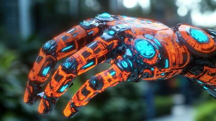 Tech Innovation Display. Futuristic robotic hand with glowing blue and orange lights holding digital interface for technology presentations, innovation concepts, sci-fi backgrounds, and advanced robo