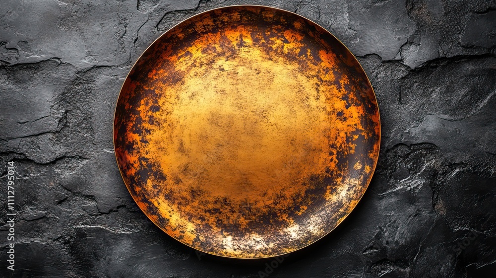 Poster golden plate in top view isolated against a background of dark concrete round empty flat gold plate 
