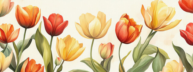 A pattern of tulips in warm tones of red, yellow, and orange, with green leaves intertwined over a light beige background