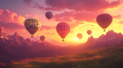Fototapeta premium Hot air balloons soaring at sunset over mountains.