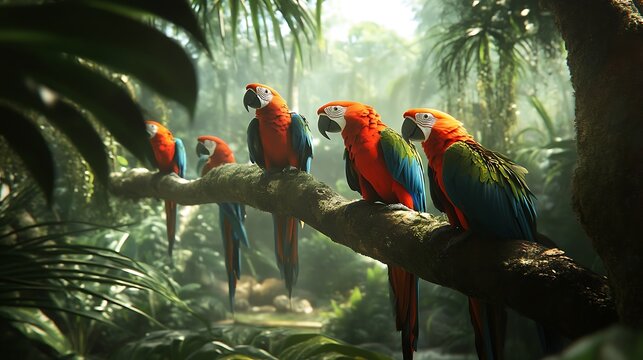 Fototapeta A group of parrots are perched on a tree branch in a lush jungle