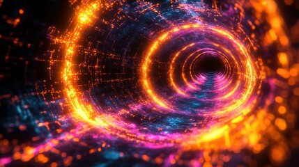Light Tunnel Animation. Abstract glowing tunnel digital vortex swirling motion futuristic background for technology, innovation, science, party, or entertainment themes with bright neon orange blue p