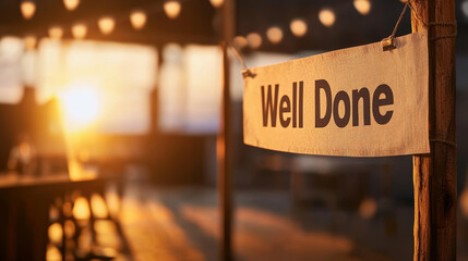 celebratory atmosphere with Well Done banner at sunset