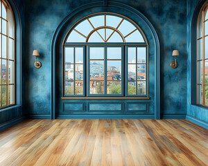 Empty luxury room with arched window, blue walls, wooden floor, and city view.