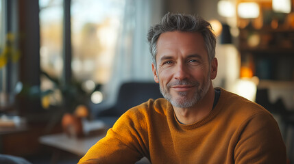 Happy man in cozy sweater enjoying relaxed moment at home during daylight hours. Generative AI