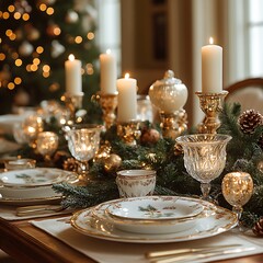 Beautiful Holiday Showcasing Christmas Table Adorned with Candles and Festive Decorations Background