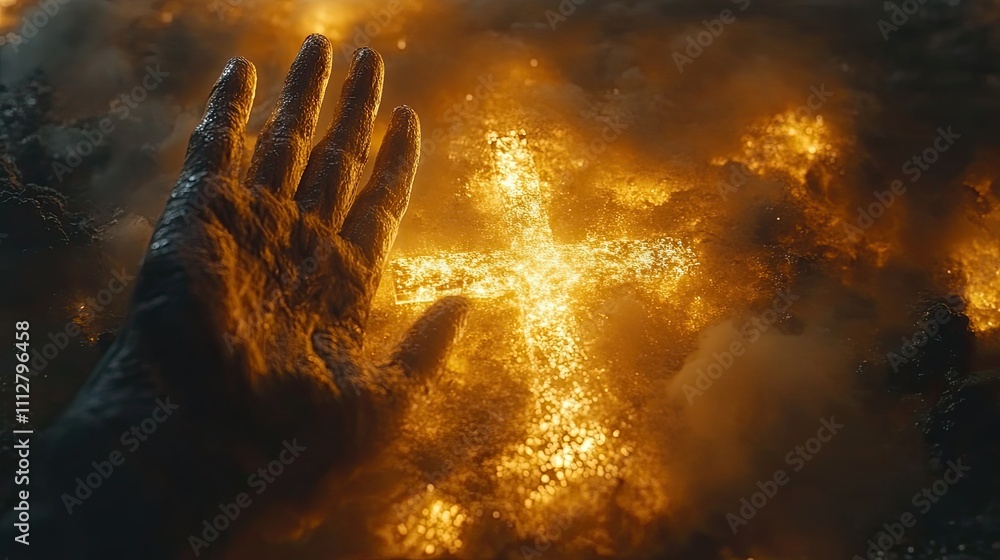 Aufkleber hand reaching for the cross with light rays on a dark background