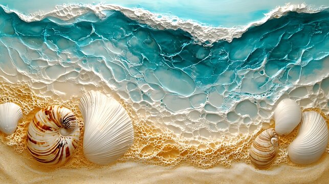 Intricate shell art swaying over a golden sandy bottom with turquoise waves nearby