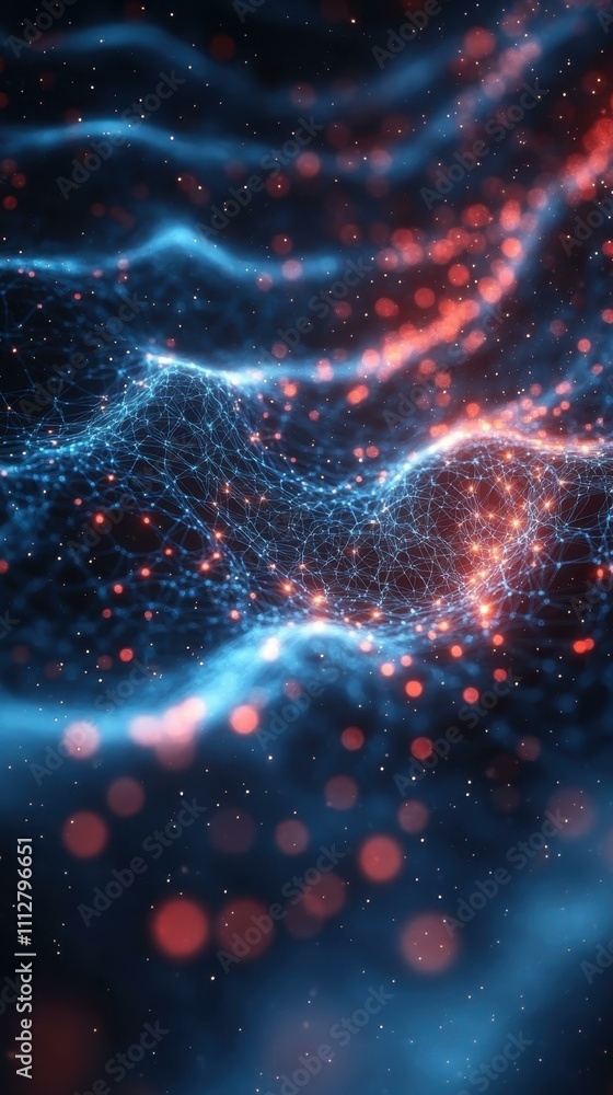 Poster light color gradient. futuristic digital particles flow in abstract wave pattern with glowing blue a