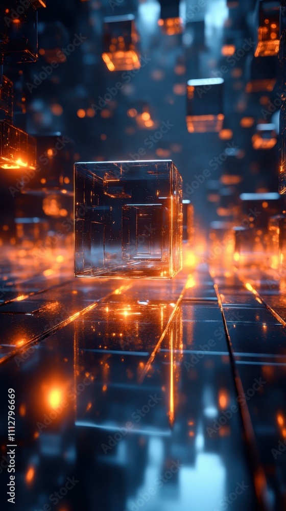 Poster tech light patterns. futuristic digital cubes floating over glowing circuit board, technology innova