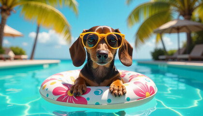 Dachshund in fashionable sunglasses swims in a swimming circle. Summer vacation, travel concept