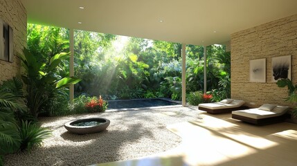 Summer Evening Seating. Modern outdoor patio with lounge seating and fire pit in tropical garden, perfect for relaxation, summer gatherings, vacation home, bright natural light, peaceful green enviro