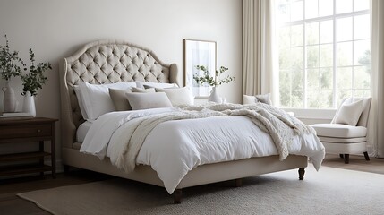 Fototapeta premium A large bed with a white comforter and pillows