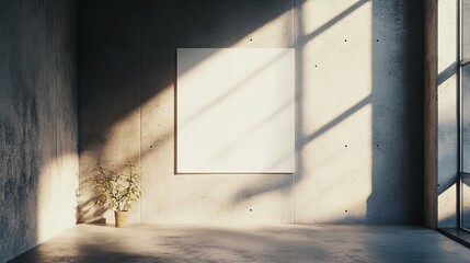 Modern Concrete Room with Blank Poster on Wall, Sunlight Casting


