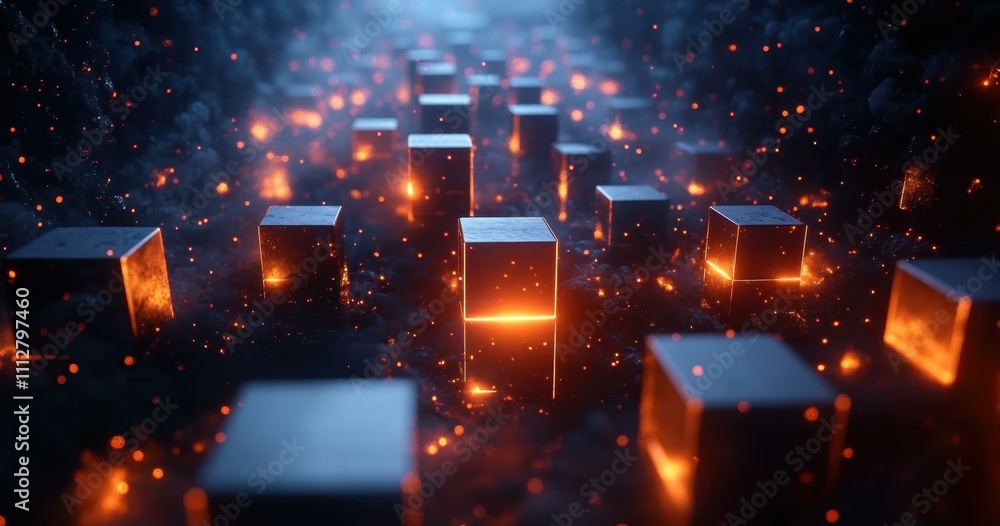 Poster tech light patterns. futuristic glowing cubes floating in digital space with fiery particles, techno