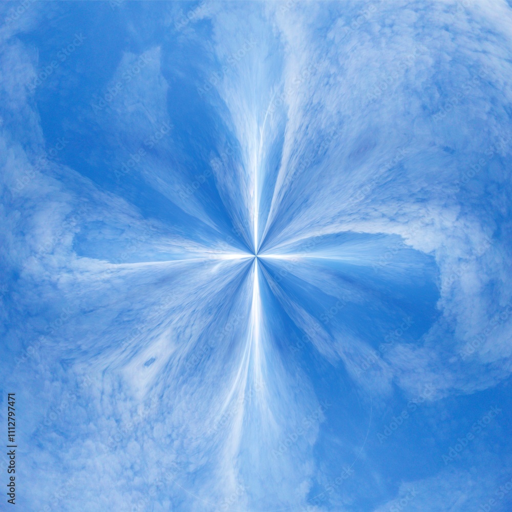 Poster blue abstract sky background with white clouds and effect of flare, flame and vortex - graphics. top