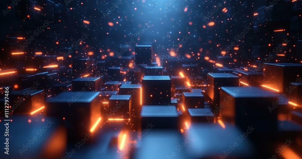 Poster a depth perception futuristic geometric composition with glowing cubes and neon lighting effects
