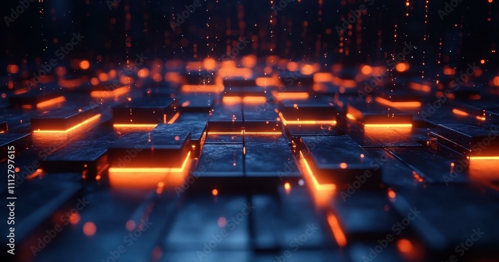Poster tech innovation trends. futuristic glowing data blocks representing digital information flow and tec
