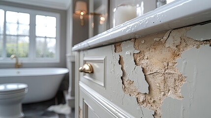 high gloss white mdf bathroom vanity cabinet door with molding that has water damage concept of a moist bathroo