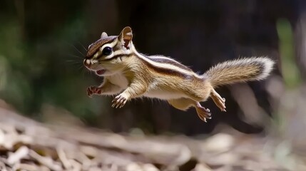 Adorable chipmunk in mid-air leap.