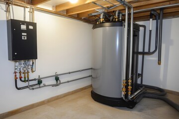 Modern Buffer Tank System Connected to Air-to-Water Heat Pump for Efficient Home Heating and Hot Water Storage in a Residential Setting