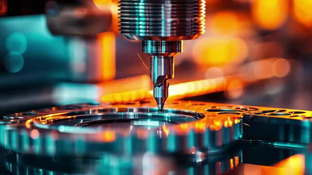 Cnc milling machine cutting metal part with sparking light. Hi technology mold and die manufacturing process. Precision metalworking machinery in industrial workshop. Automated production equipment