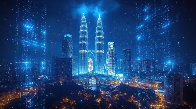 holographic information flow with a nighttime panorama of kuala lumpur s cityscape the biggest technology hub in malaysia asia is kl the notion of scientific programming double exposur