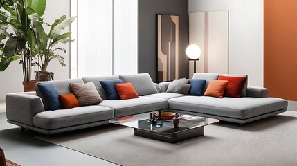 A modern living room with a grey couch and a coffee table