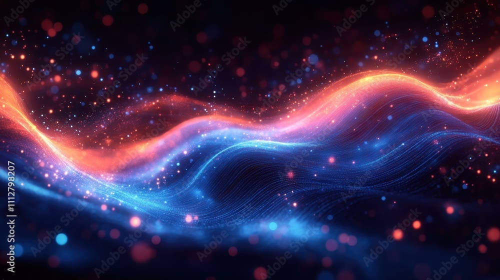 Poster an blue and orange dynamic digital illustration with undulating lines dots and waveforms in vibrant 