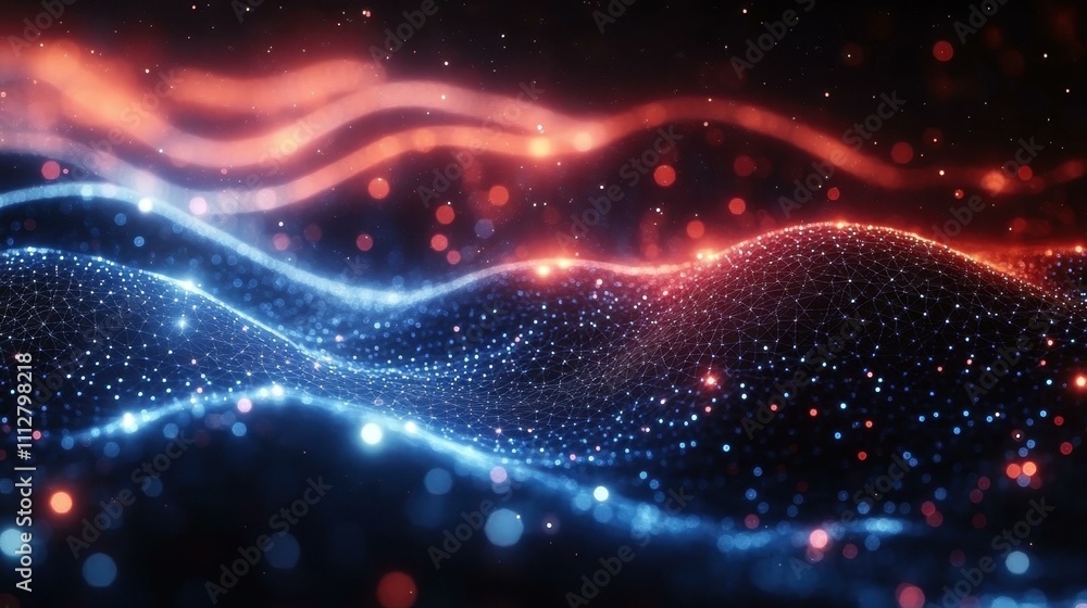 Poster an complexity portrayed mesh pattern with glowing nodes and lines transitioning from blue to red hue