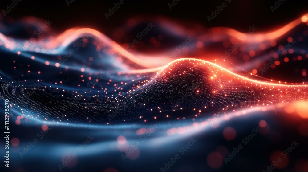 Poster neon light flow. abstract digital wave glowing with particles moving dynamically, modern technology 
