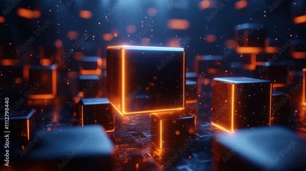 Poster an sleek presentation futuristic geometric composition with glowing cubes and neon lighting effects