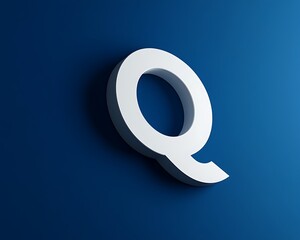 3D "Q" text in matte white with a soft shine, set against a solid deep blue background