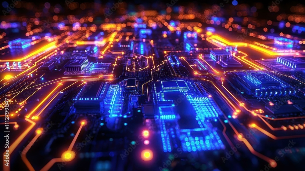 Poster quantum chip innovation. close-up of futuristic glowing microchip circuit board technology with neon