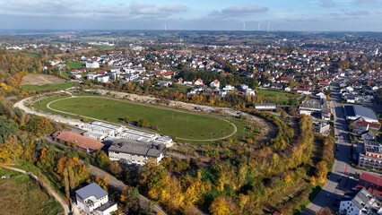 Fly over across a Bavarian trabrennbahn with a stunning view from top