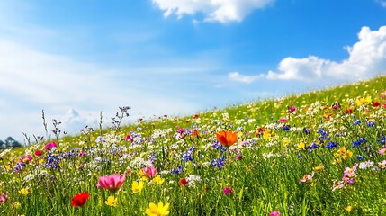Obraz premium A field of flowers with a blue sky in the background