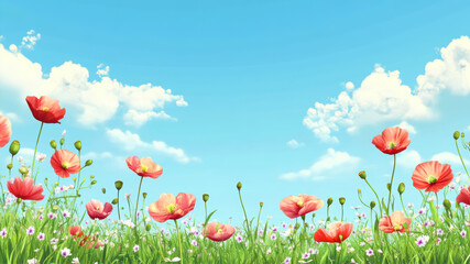 Naklejka premium Vibrant Poppy Flowers Dance Under the Blue Sky Filled With Fluffy White Clouds