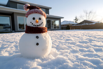 Obraz premium Snowman in a Snowy Yard with a Christmas Hat and Scarf - Cheerful Holiday Scene Full of Winter Spirit