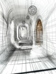 Architectural Corridor Sketch: Intricate Lines and Modern Design